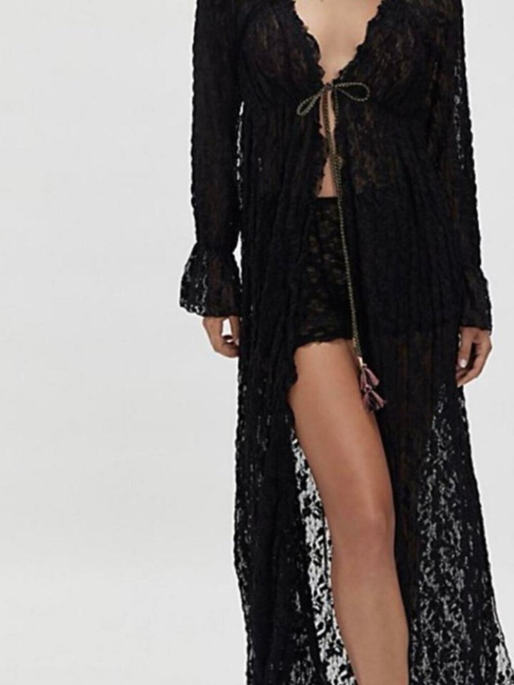 NWT Free People Dim the Lights Lace Duster Kimono Robe Black S